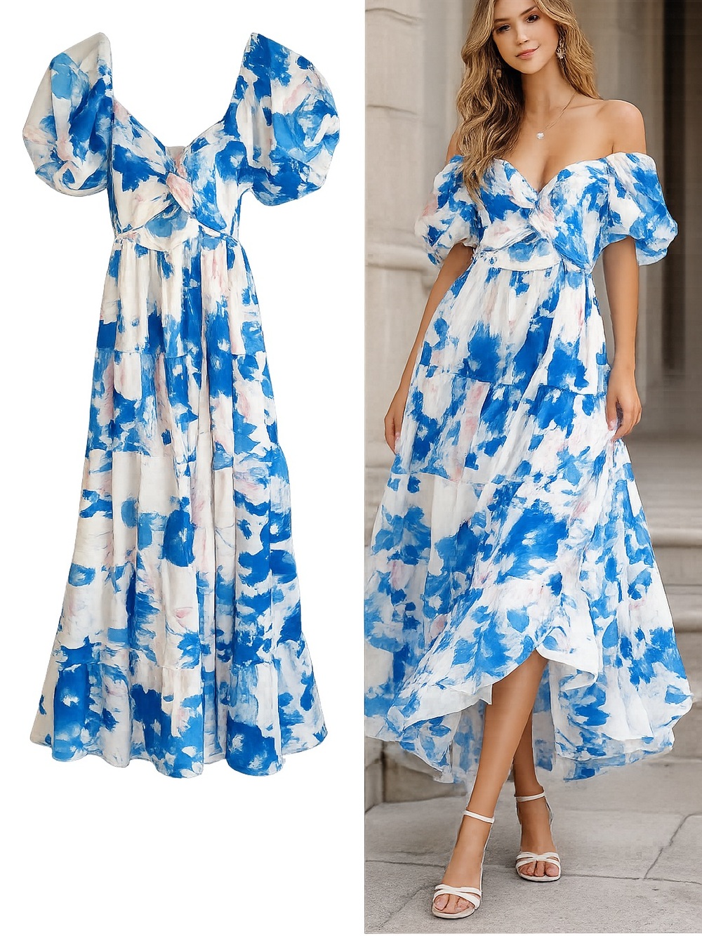 Off-Shoulder Blue & White Maxi Dress with Puff Sleeves